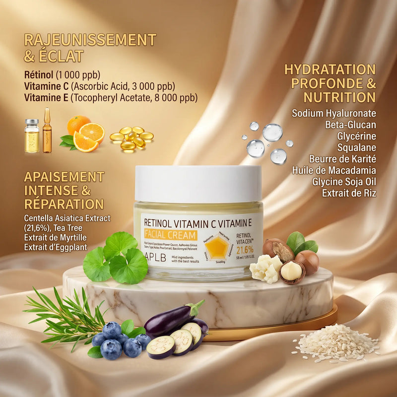 Crème Visage Rétinol Vitamine C & E 55 mg – Anti-Âget Éclat, Hydratation & Teint Unifié - APLB APLB