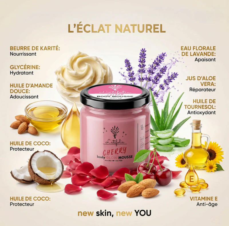 Mousse corporelle légèrement pailletée à la Cerise 230 ml – Soin Hydratant - Latifolia Latifolia